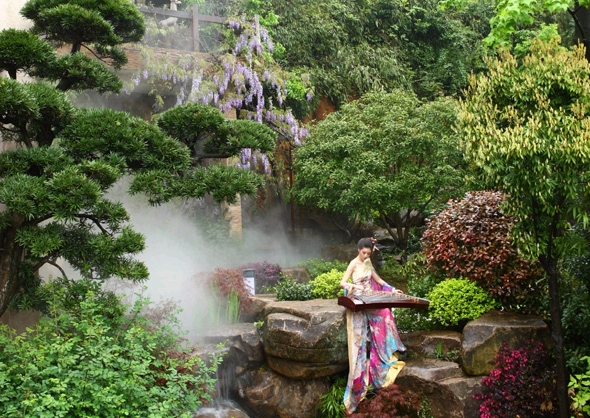 瀑布景石，经典园林景观 